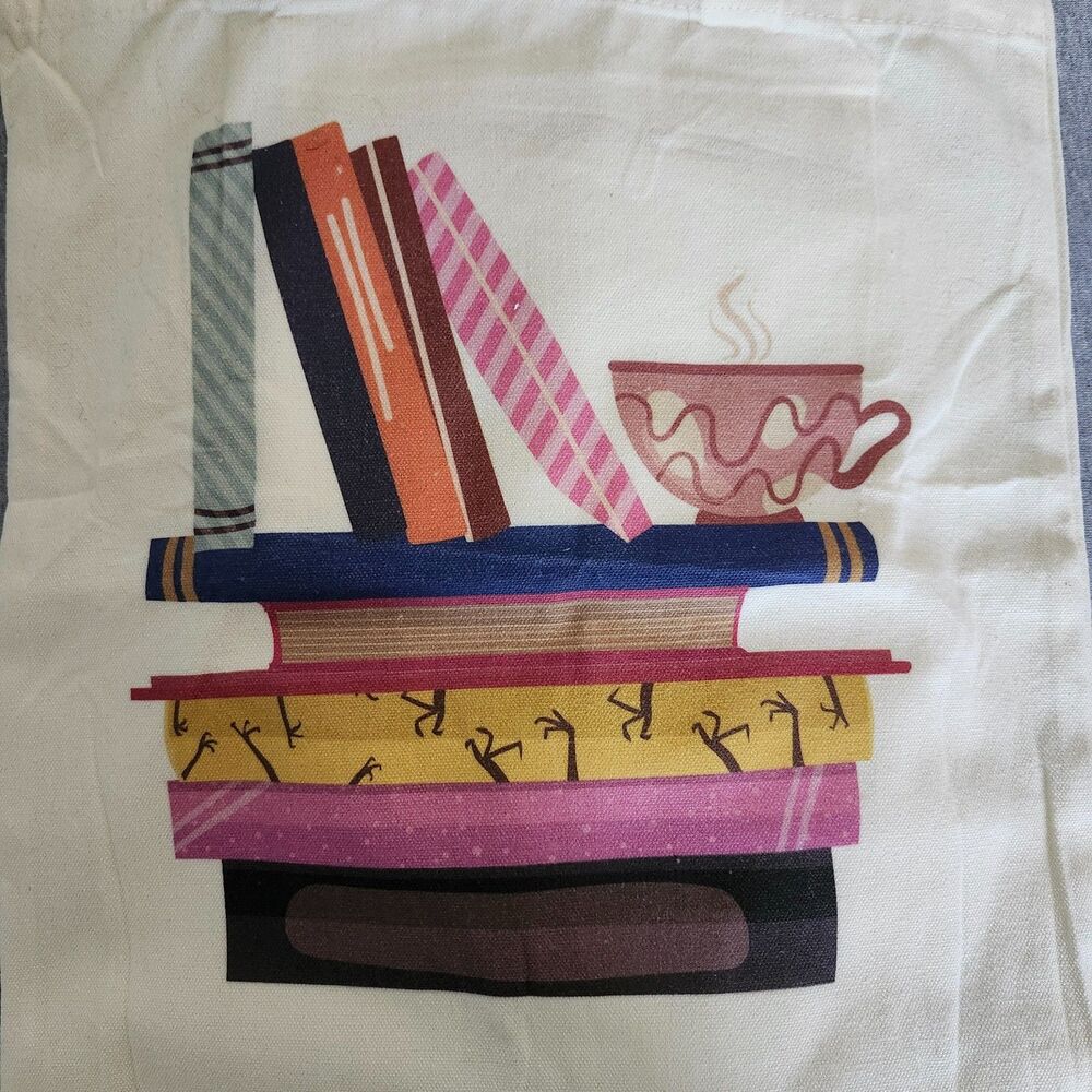 Canvas Tote Bag Book and Coffee Print with Zipper Pocket - Picture 3 of 9